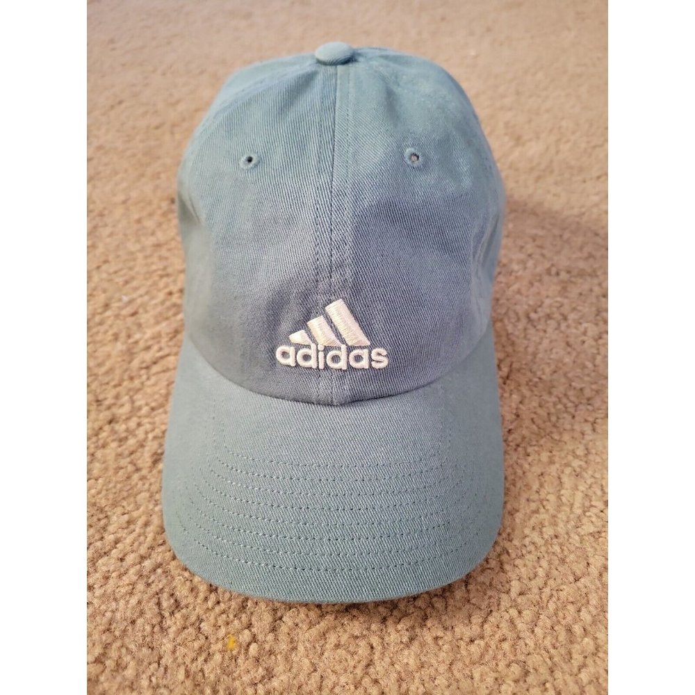 VINTAGE Adidas Hat Cap Snap Back Blue Gray Spell Out Logo Athletic Mens 90s